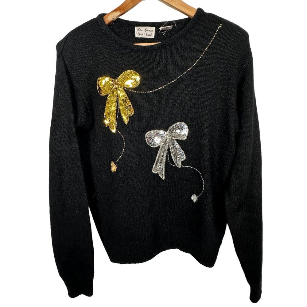 Vintage 80s Womens Sweater‎ Christmas Palm Springs Yacht Club Sequin Bows